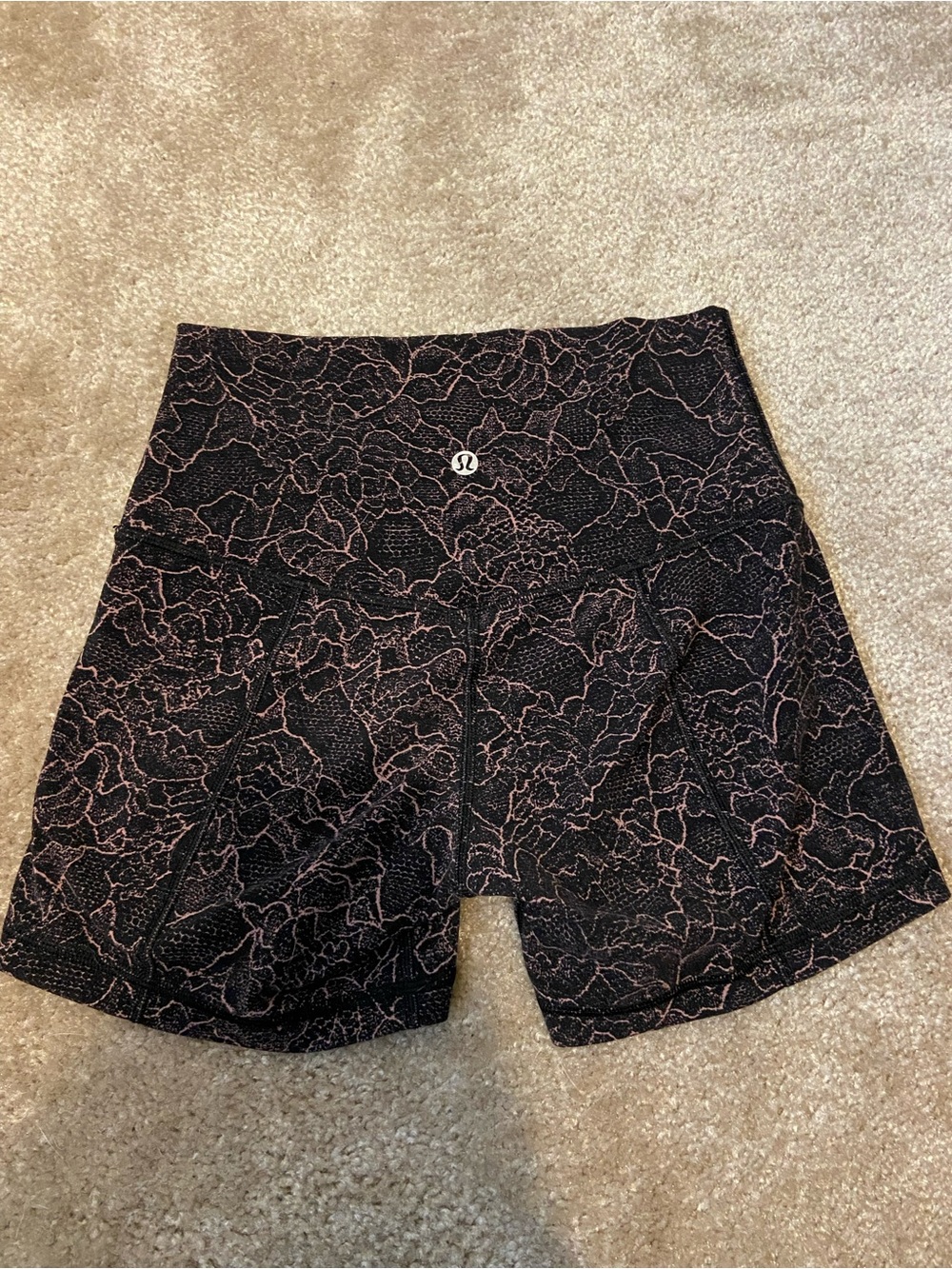 Lululemon Black and Pink Floral-Print Bike Shorts